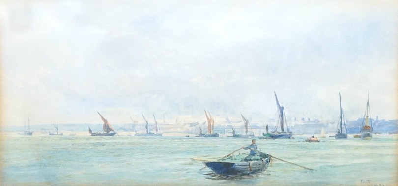 William Lionel Wyllie (1851-1931), Erith, signed, watercolour, 15 x 30cm